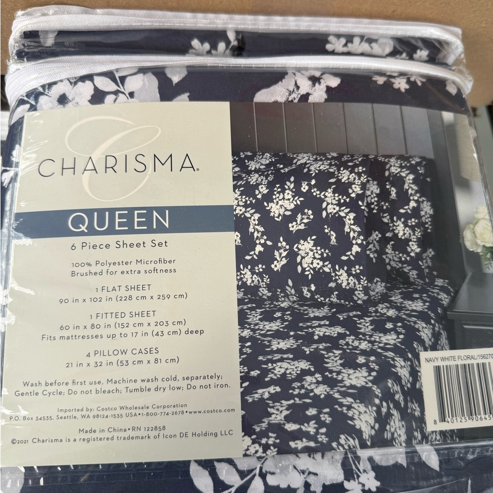 Charisma Queen Sheet Set - Navy and White Floral